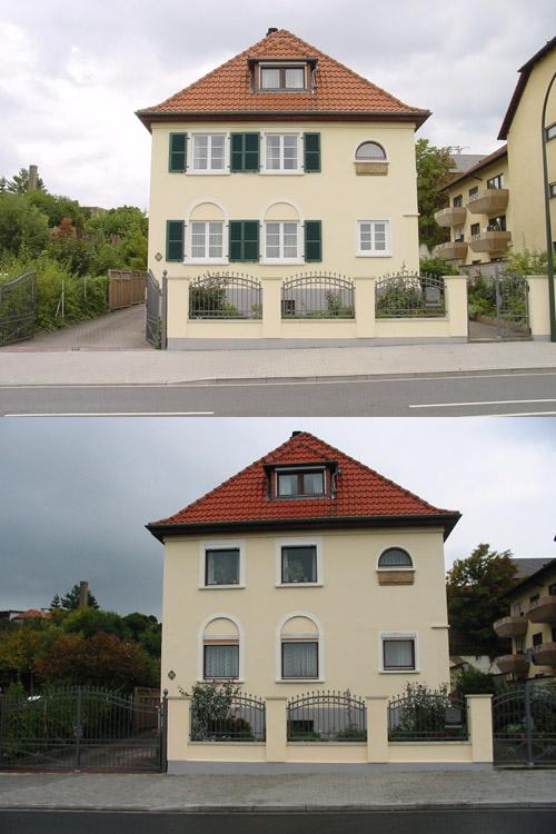 Renovierung: Neue Sprossenfenster in weiß und grüne Klappläden 