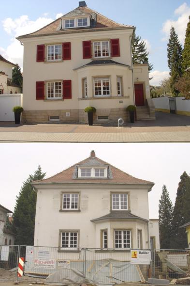 Renovierung: Haus mit roten Klappläden und roter Haustür 